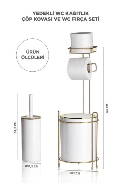 Okyanus Home Yuvarlak Gold Yedekli Wc Kağıtlık ve 6 Parça Banyo Seti - Kırık Beyaz