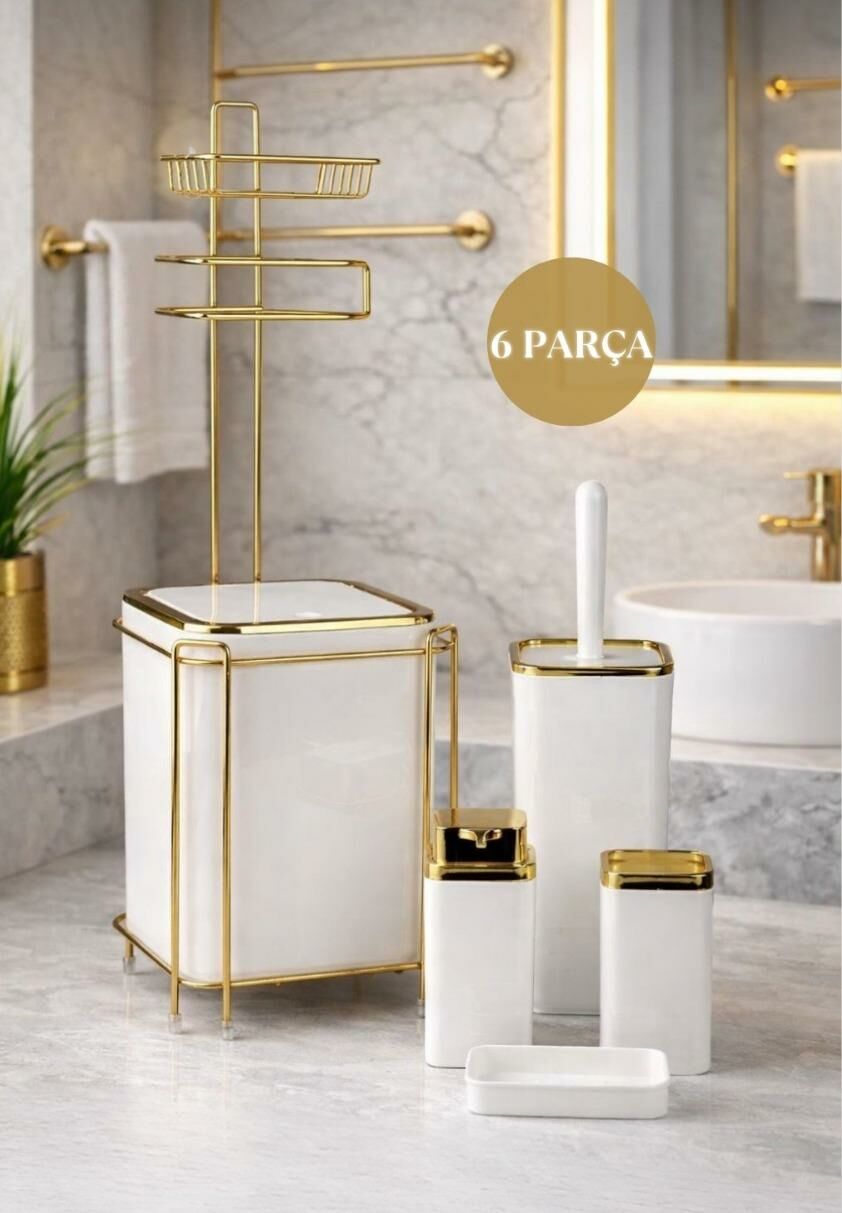Okyanus Home  Beyaz Kare Gold Yedekli Wc Kağıtlık ve 6 Parça Banyo Seti