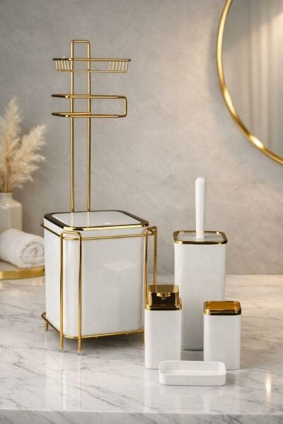 Okyanus Home  Beyaz Kare Gold Yedekli Wc Kağıtlık ve 6 Parça Banyo Seti