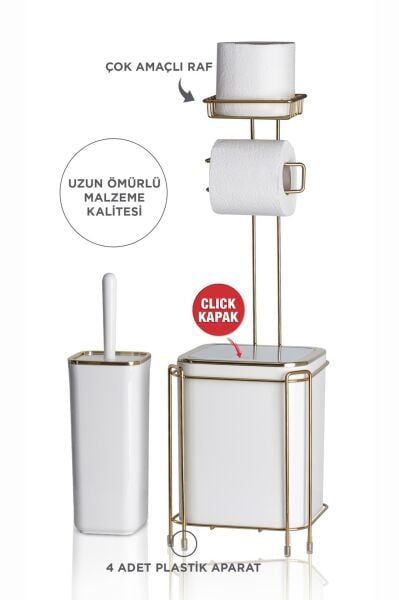 Okyanus Home  Beyaz Kare Gold Yedekli Wc Kağıtlık ve 6 Parça Banyo Seti