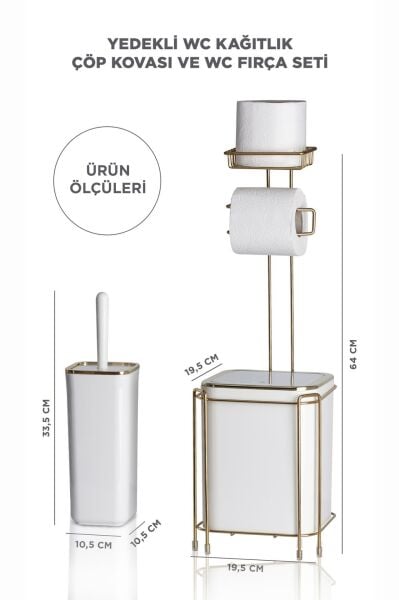 Okyanus Home  Beyaz Kare Gold Yedekli Wc Kağıtlık ve 6 Parça Banyo Seti