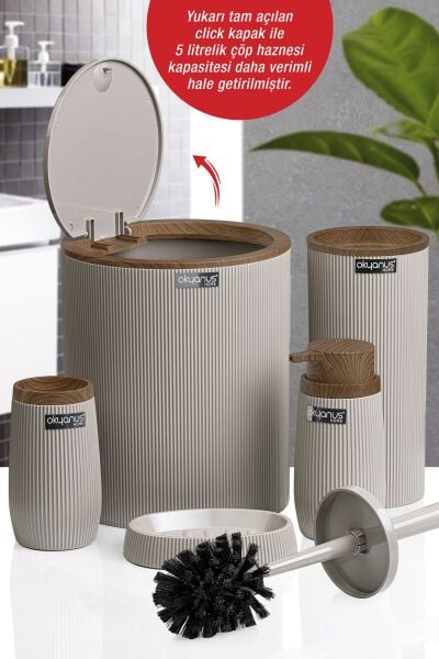 Okyanus Home Vizon Ahşap Çizgili Yuvarlak 5'li Banyo Seti