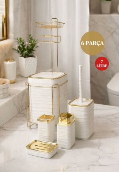 Okyanus Home  LUNA Gold Yedekli Wc Kağıtlık ve 6 Parça Beyaz  Banyo Seti