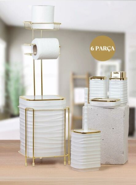 Okyanus Home  LUNA Gold Yedekli Wc Kağıtlık ve 6 Parça Beyaz  Banyo Seti