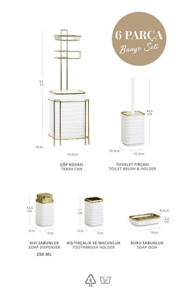 Okyanus Home  LUNA Gold Yedekli Wc Kağıtlık ve 6 Parça Beyaz  Banyo Seti
