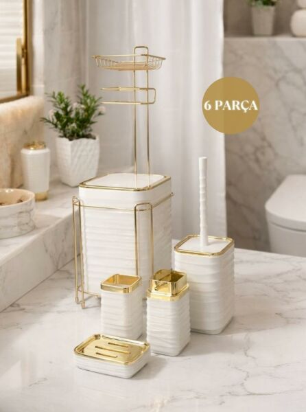 Okyanus Home  LUNA Gold Yedekli Wc Kağıtlık ve 6 Parça Beyaz  Banyo Seti