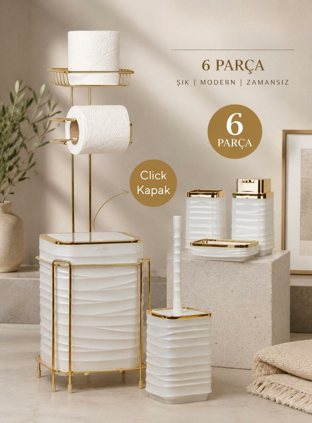 Okyanus Home  LUNA Gold Yedekli Wc Kağıtlık ve 6 Parça Beyaz  Banyo Seti