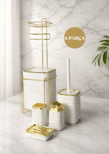 Okyanus Home  LUNA Gold Yedekli Wc Kağıtlık ve 6 Parça Beyaz  Banyo Seti