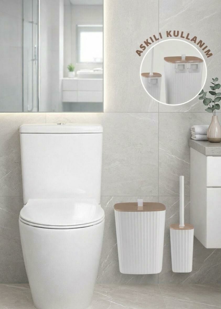 Okyanus Home Safir Yapışkanlı Wc Fırçalık ve Çöp Kovası Seti Beyaz Due 2'li Banyo Seti