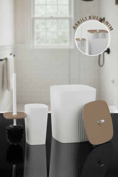 Okyanus Home Safir Yapışkanlı Wc Fırçalık ve Çöp Kovası Seti Beyaz Due 2'li Banyo Seti