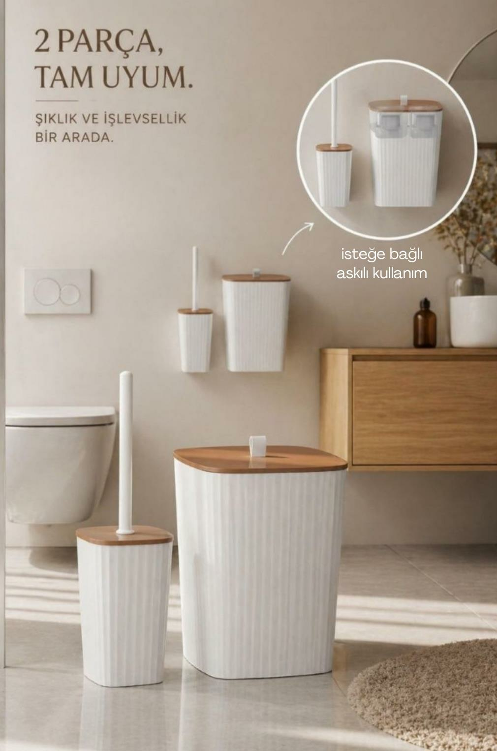 Okyanus Home Safir Yapışkanlı Wc Fırçalık ve Çöp Kovası Seti Beyaz Due 2'li Banyo Seti