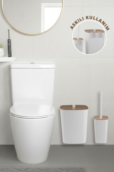 Okyanus Home Safir Yapışkanlı Wc Fırçalık ve Çöp Kovası Seti Beyaz Due 2'li Banyo Seti