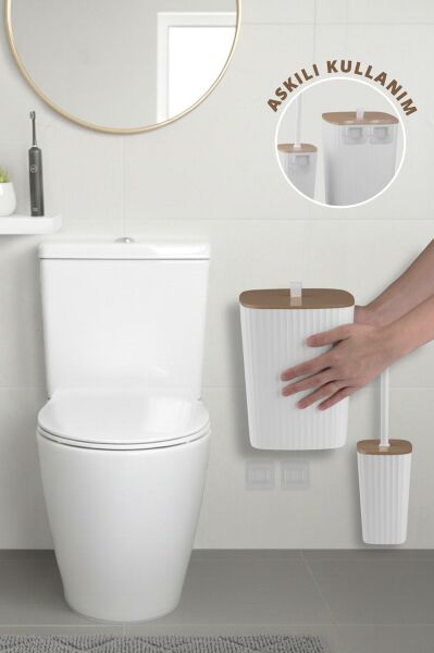 Okyanus Home Safir Yapışkanlı Wc Fırçalık ve Çöp Kovası Seti Beyaz Due 2'li Banyo Seti