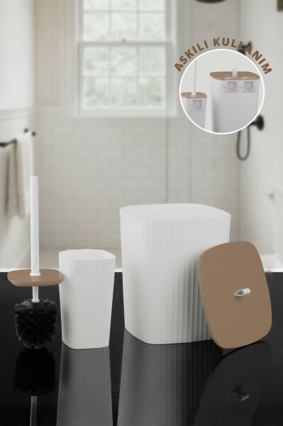 Okyanus Home Safir Yapışkanlı Wc Fırçalık ve Çöp Kovası Seti Beyaz Due 2'li Banyo Seti