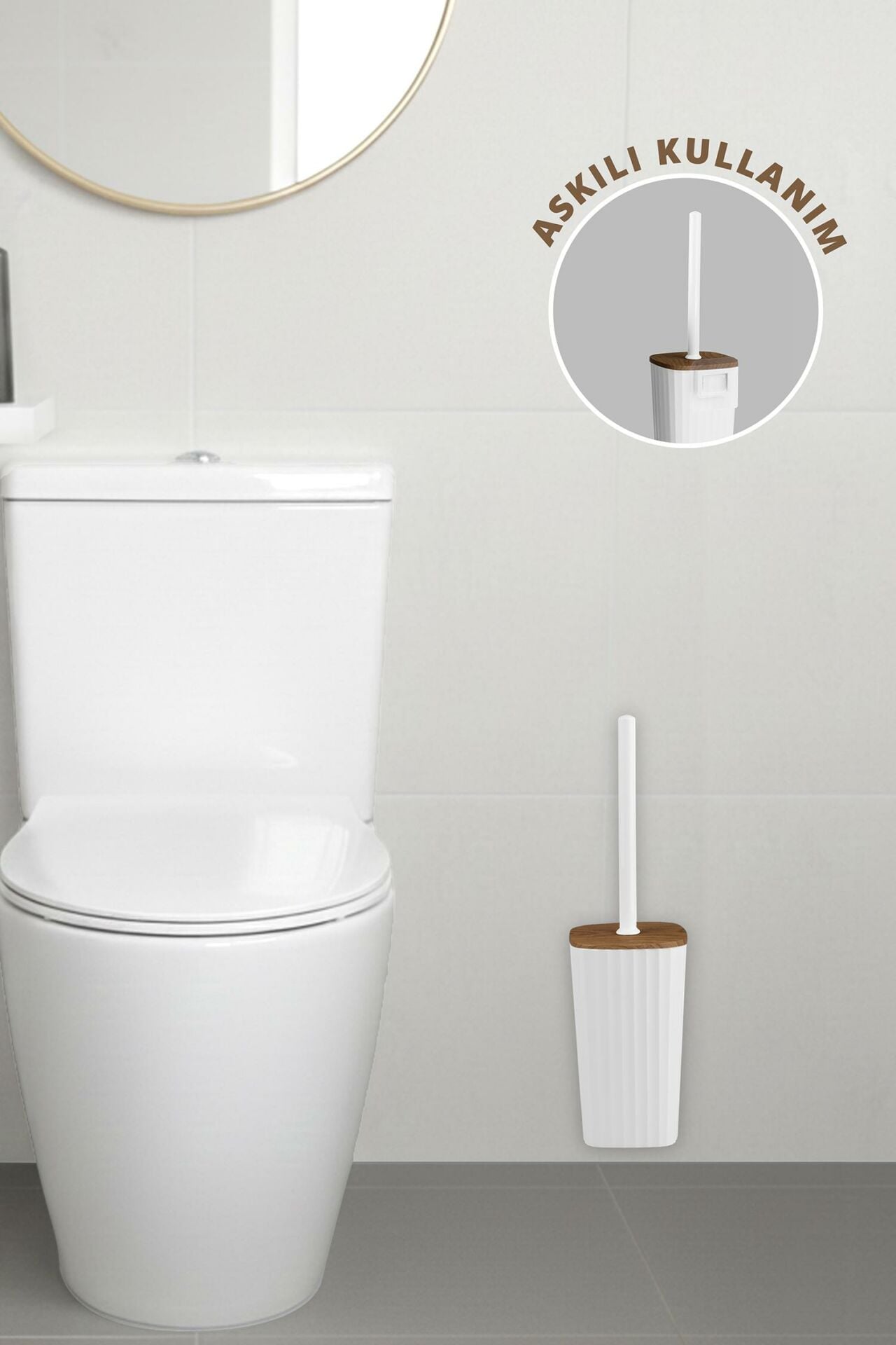 Okyanus Home Safir Ahşap Detaylı Kendinden Yapışkanlı Wc Fırçalık - Beyaz