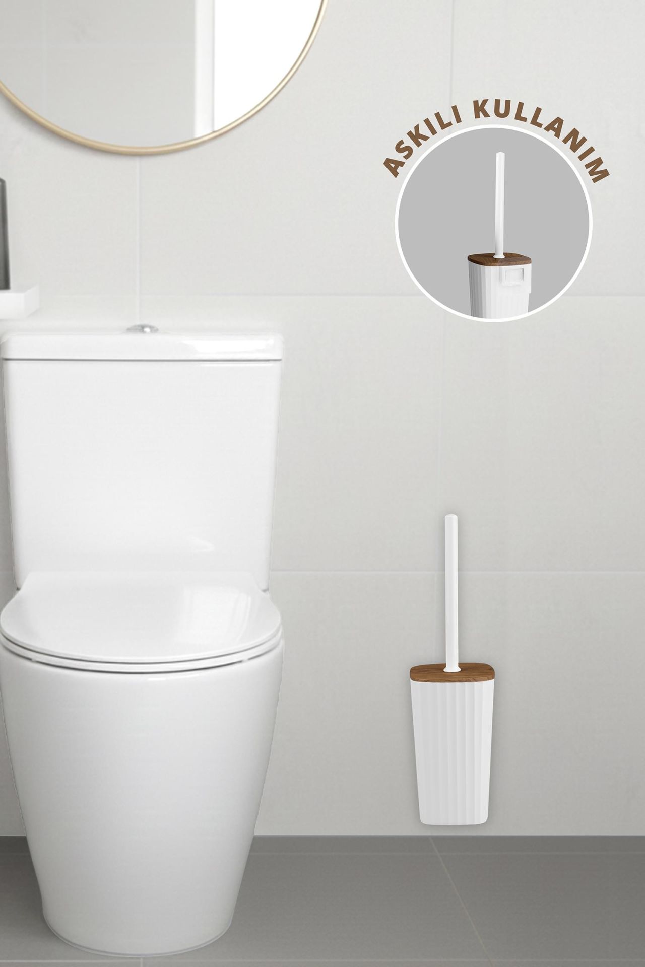 Okyanus Home Safir Ahşap Detaylı Kendinden Yapışkanlı Wc Fırçalık - Beyaz