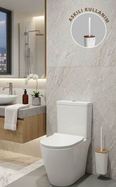 Okyanus Home Safir Ahşap Detaylı Kendinden Yapışkanlı Wc Fırçalık - Beyaz