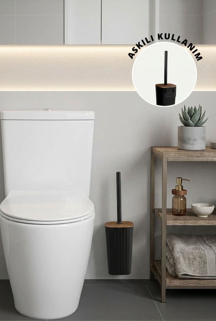 Okyanus Home Safir Ahşap Detaylı Kendinden Yapışkanlı Wc Fırçalık - Siyah