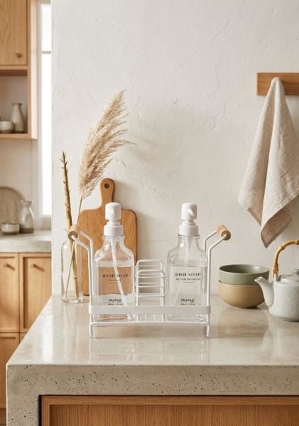 Okyanus Home Bambu Saplı Kare Standlı 2'li Cam Sabunluk Seti - Kırık Beyaz