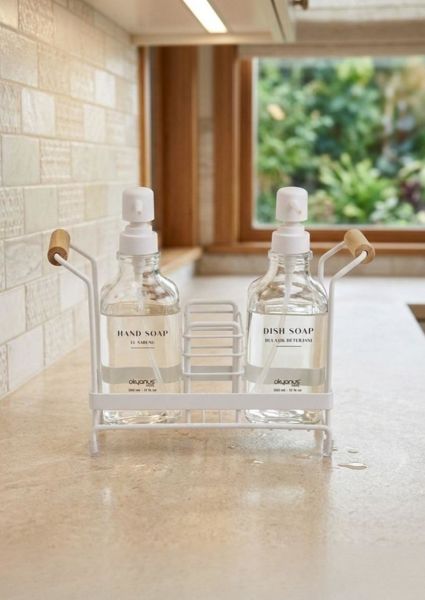 Okyanus Home Bambu Saplı Kare Standlı 2'li Cam Sabunluk Seti - Kırık Beyaz