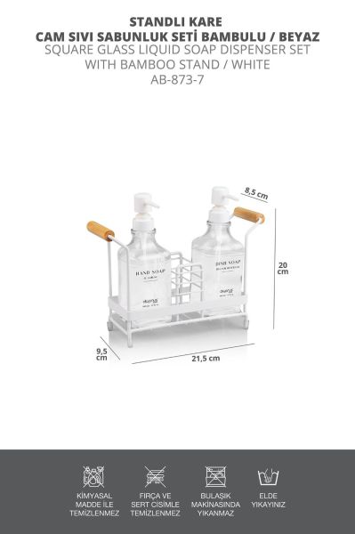 Okyanus Home Bambu Saplı Kare Standlı 2'li Cam Sabunluk Seti - Kırık Beyaz