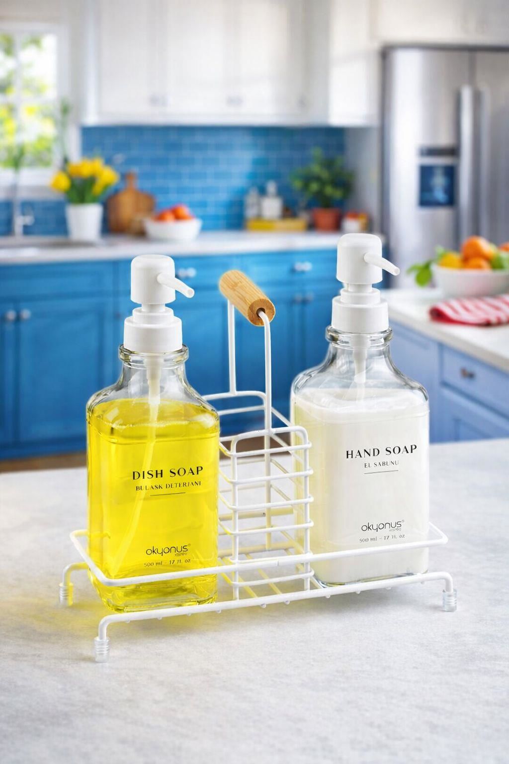 Okyanus Home Bambu Sap Detaylı Kare Standlı 2'li Cam Sabunluk Seti - Kırık Beyaz