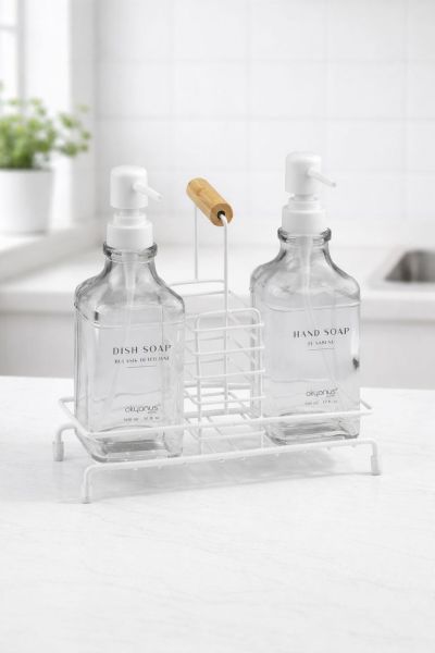 Okyanus Home Bambu Sap Detaylı Kare Standlı 2'li Cam Sabunluk Seti - Kırık Beyaz