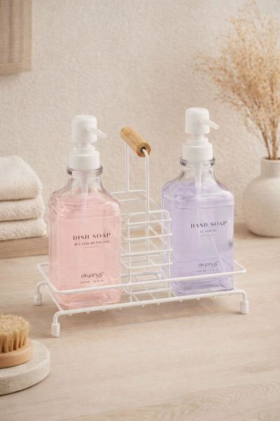 Okyanus Home Bambu Sap Detaylı Kare Standlı 2'li Cam Sabunluk Seti - Kırık Beyaz