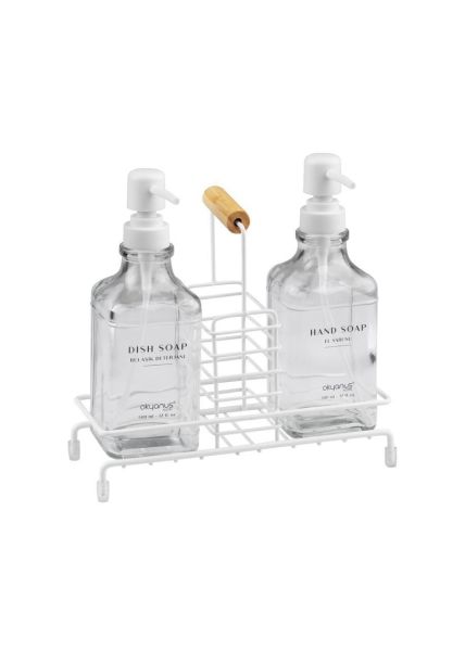 Okyanus Home Bambu Sap Detaylı Kare Standlı 2'li Cam Sabunluk Seti - Kırık Beyaz