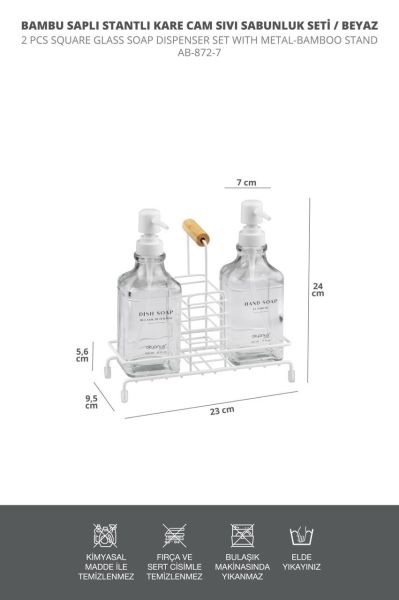 Okyanus Home Bambu Sap Detaylı Kare Standlı 2'li Cam Sabunluk Seti - Kırık Beyaz