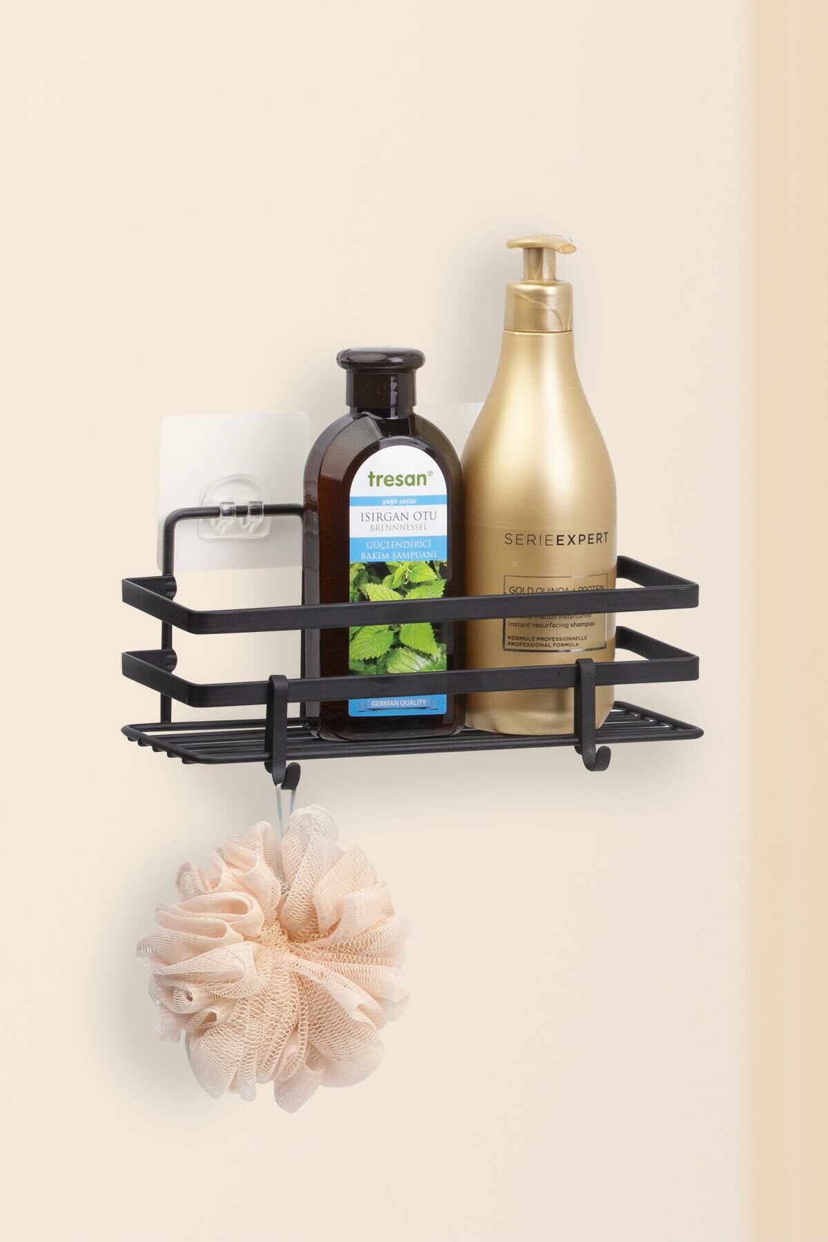 Okyanus Home Magic Fix Sihirli Yapışkan Siyah Lamalı Dikdörtgen Banyo Rafı - 11x24 cm