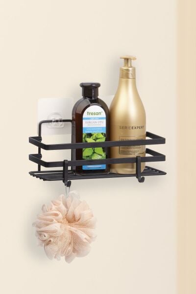 Okyanus Home Magic Fix Sihirli Yapışkan Siyah Lamalı Dikdörtgen Banyo Rafı - 11x24 cm