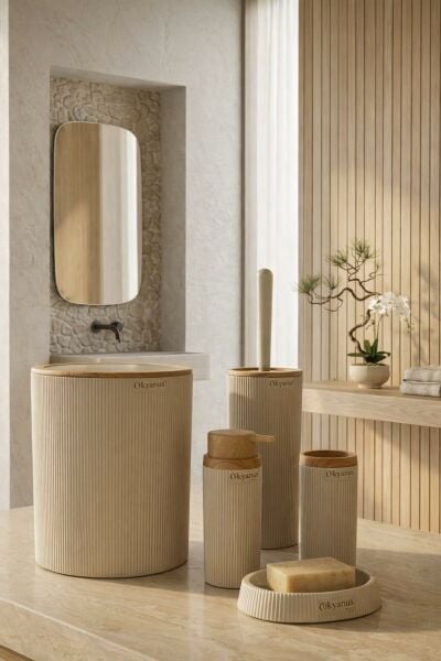 Okyanus Home Mina Vizon Ahşap Desenli Çizgili Yuvarlak 5'li Banyo Seti