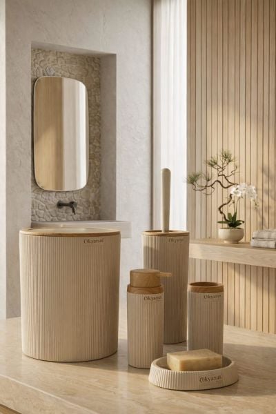Okyanus Home Mina Vizon Ahşap Desenli Çizgili Yuvarlak 5'li Banyo Seti