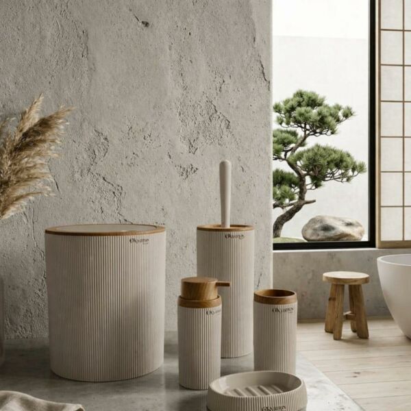 Okyanus Home Mina Vizon Ahşap Desenli Çizgili Yuvarlak 5'li Banyo Seti