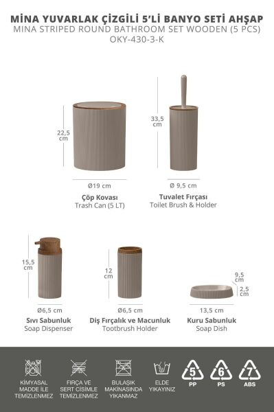 Okyanus Home Mina Vizon Ahşap Desenli Çizgili Yuvarlak 5'li Banyo Seti