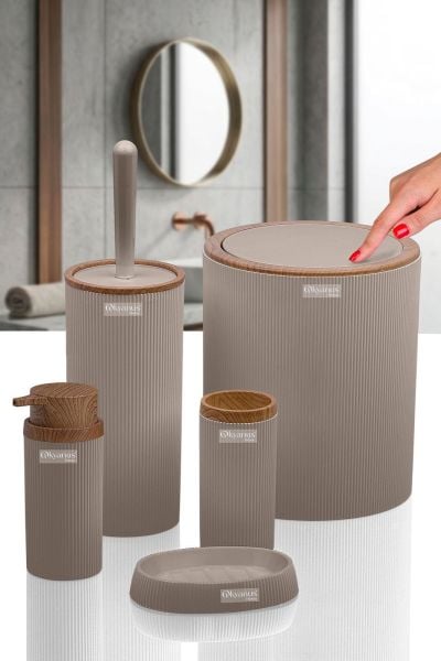 Okyanus Home Stella Vizon Ahşap Desenli Çizgili Yuvarlak 5'li Banyo Seti