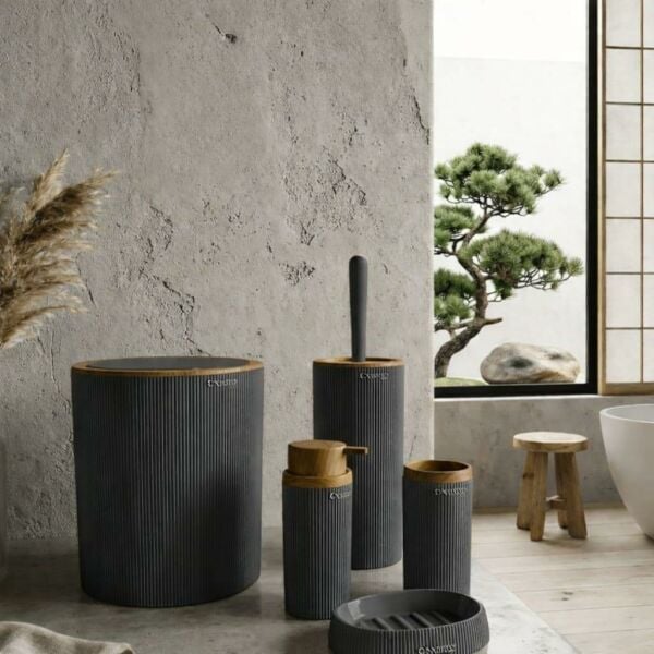 Okyanus Home Mina Antrasit Ahşap Desenli Çizgili Yuvarlak 5'li Banyo Seti