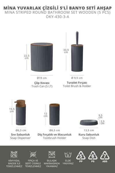 Okyanus Home Mina Antrasit Ahşap Desenli Çizgili Yuvarlak 5'li Banyo Seti