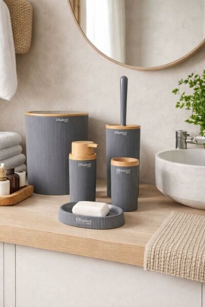 Okyanus Home Mina Antrasit Ahşap Desenli Çizgili Yuvarlak 5'li Banyo Seti
