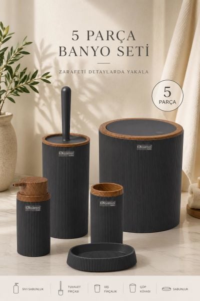 Okyanus Home Stella Antrasit Ahşap Desenli Çizgili Yuvarlak 5'li Banyo Seti