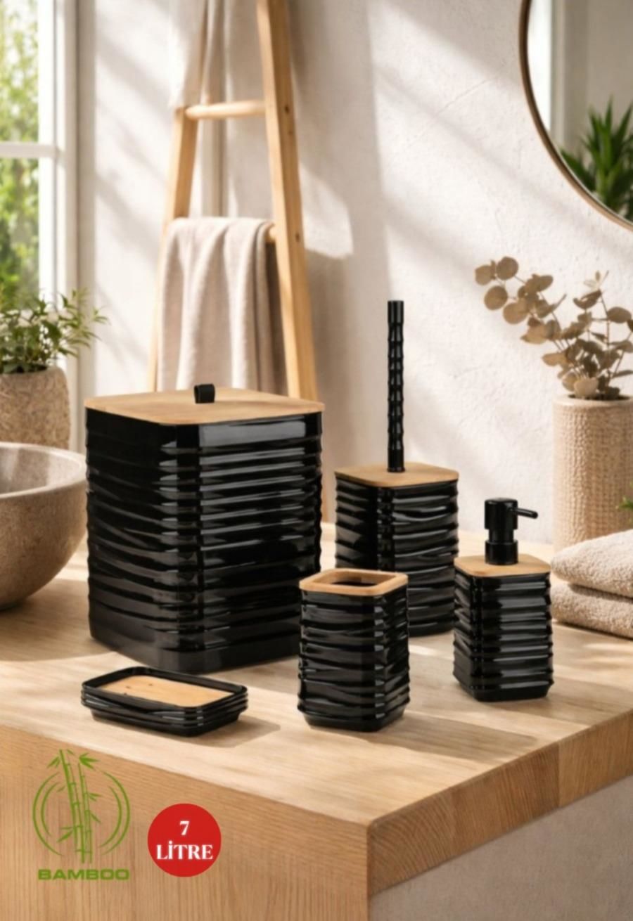 Okyanus Home Luna Siyah Bambu Detaylı 7LT 5'li Banyo Seti