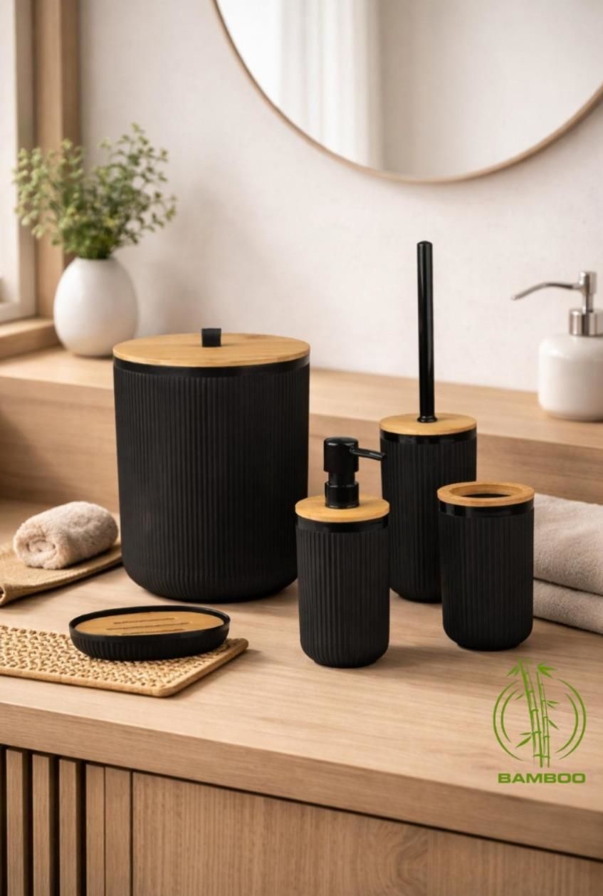 Okyanus Home Linea Bambu Detaylı Siyah 5'li Banyo Seti