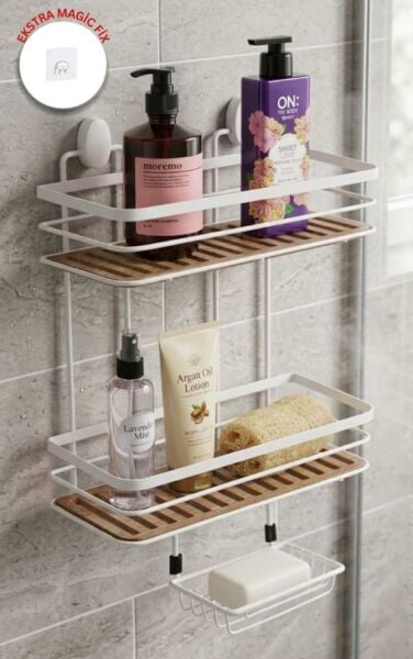 Okyanus Home 2 Fonksiyonlu Beyaz Ahşap 2 Katlı Dikdörtgen Maxi Şampuanlık Yapıştırma\Vidalama Seçenekli