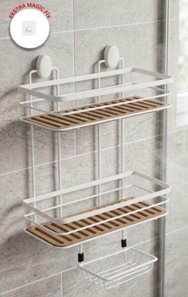 Okyanus Home 2 Fonksiyonlu Beyaz Ahşap 2 Katlı Dikdörtgen Maxi Şampuanlık Yapıştırma\Vidalama Seçenekli