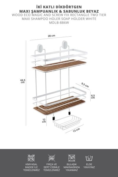 Okyanus Home 2 Fonksiyonlu Beyaz Ahşap 2 Katlı Dikdörtgen Maxi Şampuanlık Yapıştırma\Vidalama Seçenekli