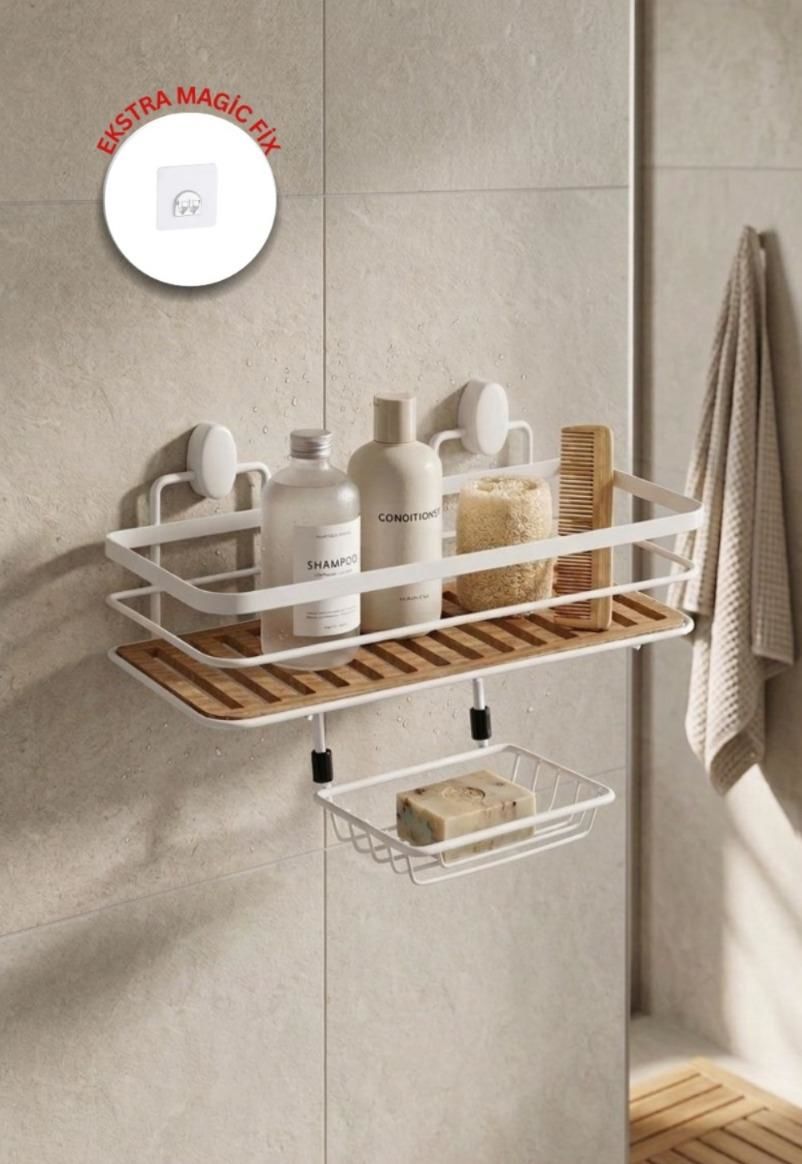 Okyanus Home  2 Fonksiyonlu Beyaz Ahşap Dikdörtgen Maxi Şampuanlık Yapıştırma\Vidalama Seçenekli