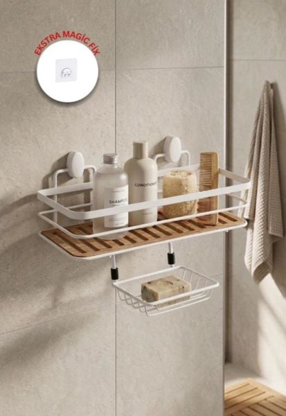 Okyanus Home  2 Fonksiyonlu Beyaz Ahşap Dikdörtgen Maxi Şampuanlık Yapıştırma\Vidalama Seçenekli