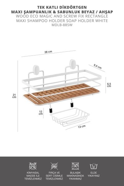 Okyanus Home  2 Fonksiyonlu Beyaz Ahşap Dikdörtgen Maxi Şampuanlık Yapıştırma\Vidalama Seçenekli