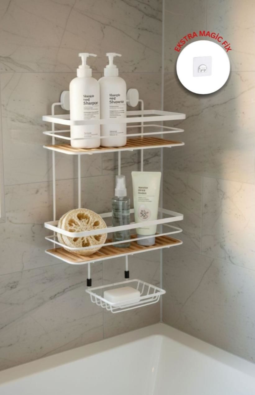 Okyanus Home  2 Fonksiyonlu Beyaz Due İki Katlı Dikdörtgen Maxi Şampuanlık Yapıştırma\Vidalama Seçenekli